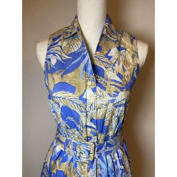 J.McLaughlin Dress Button Front Belt Blue Tan Size Small S - Picture 3 of 5
